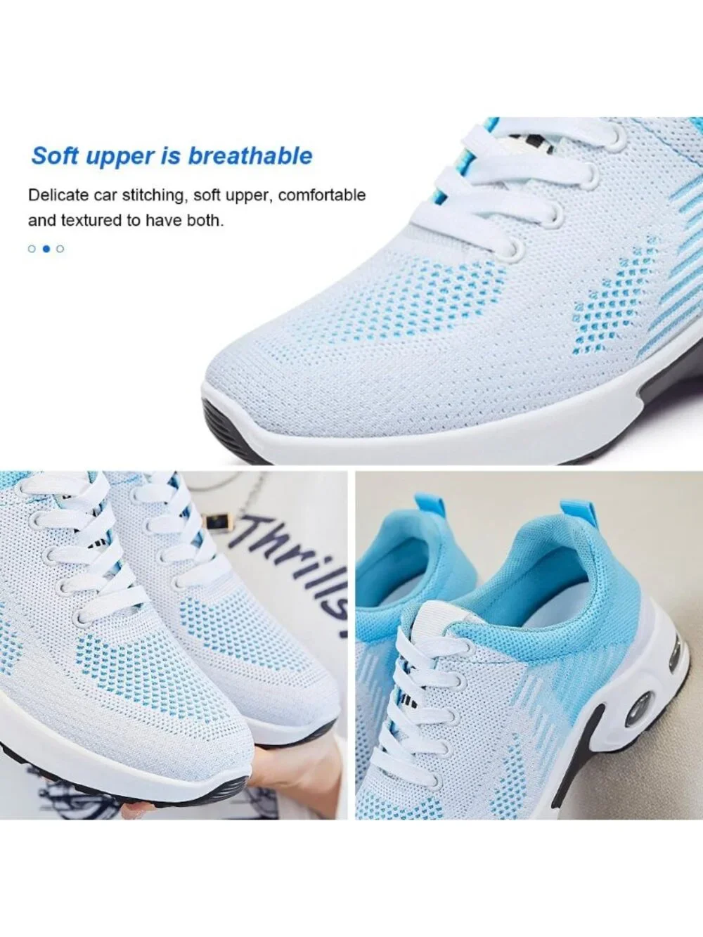 Women's White Blue Lightweight Air Cushion Mesh Breathable Casual Sneakers
